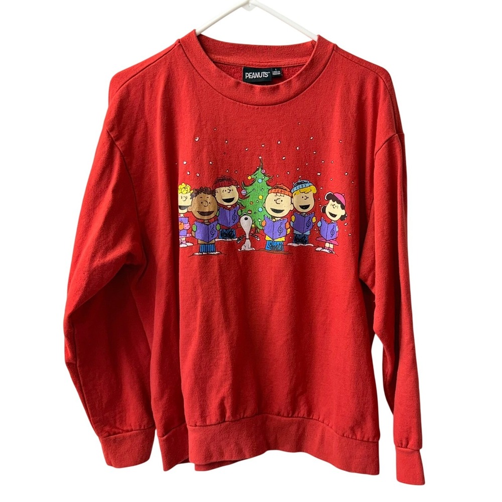 Peanuts Sweatshirt Unisex L Red Christmas Caroling Charlie Brown Snoopy Holiday